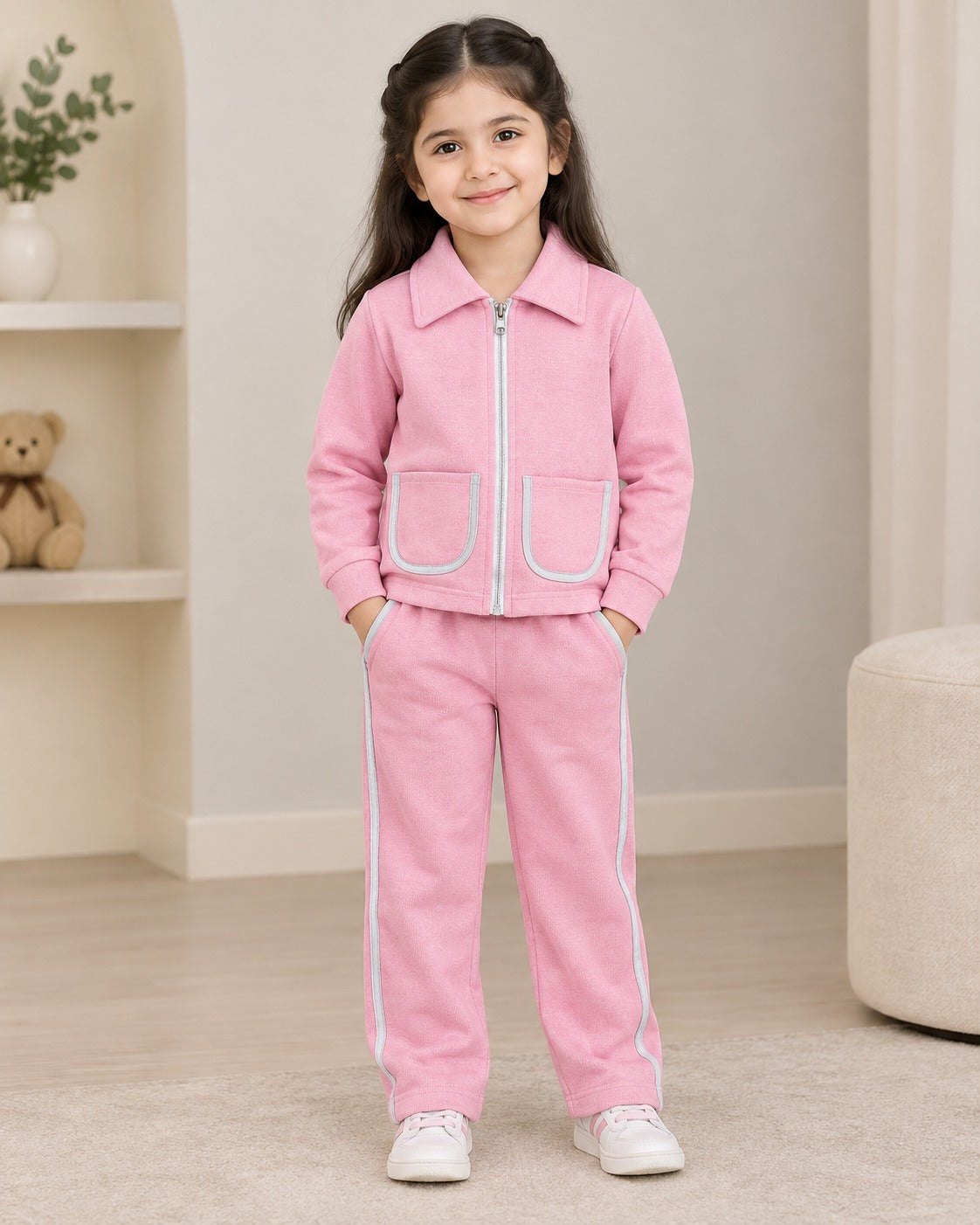 PINK POCKET STRIPE WINTER KIDS SWEAT SUIT