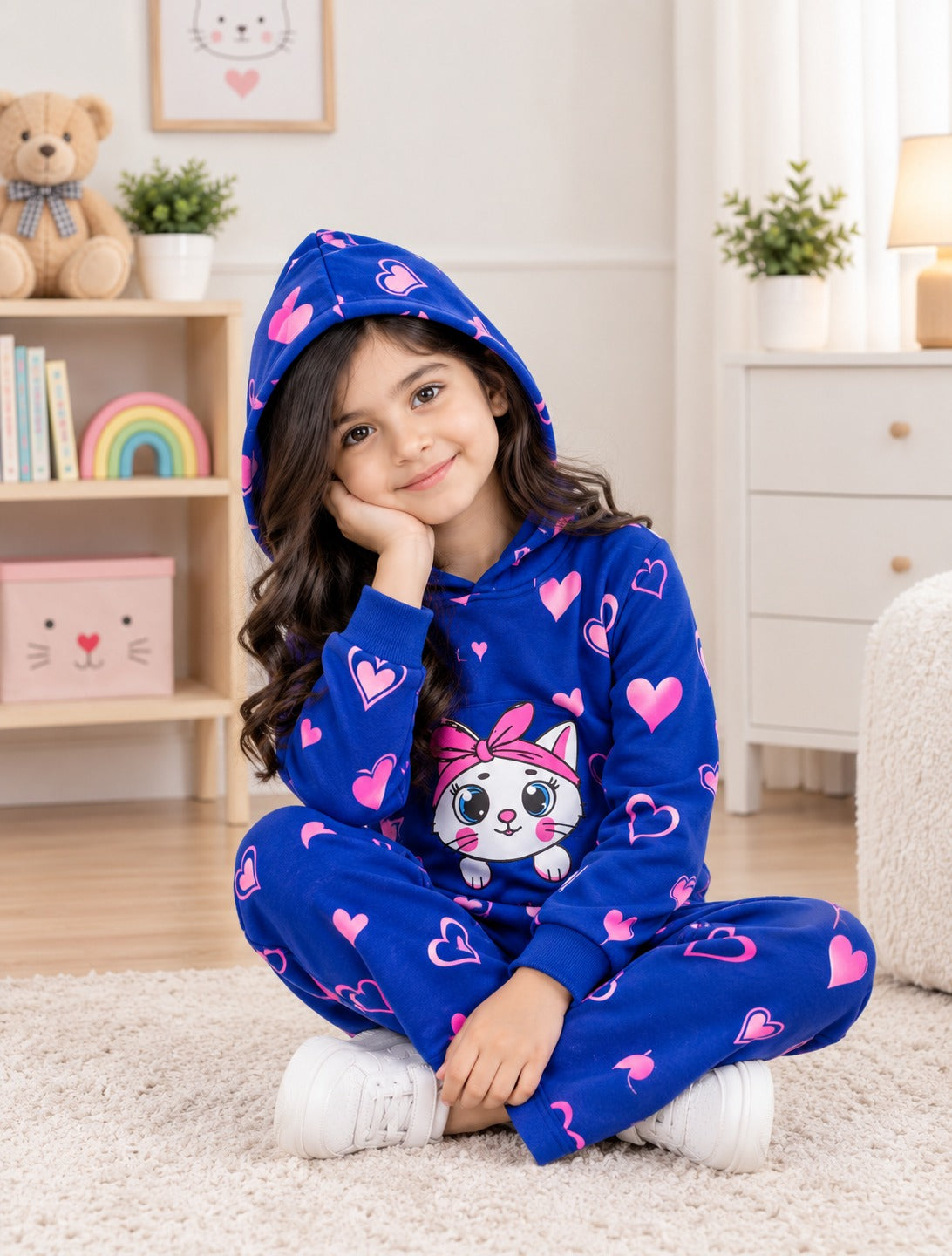 BLUE KITTY PRINTED WINTER KIDS HOODIE SUIT