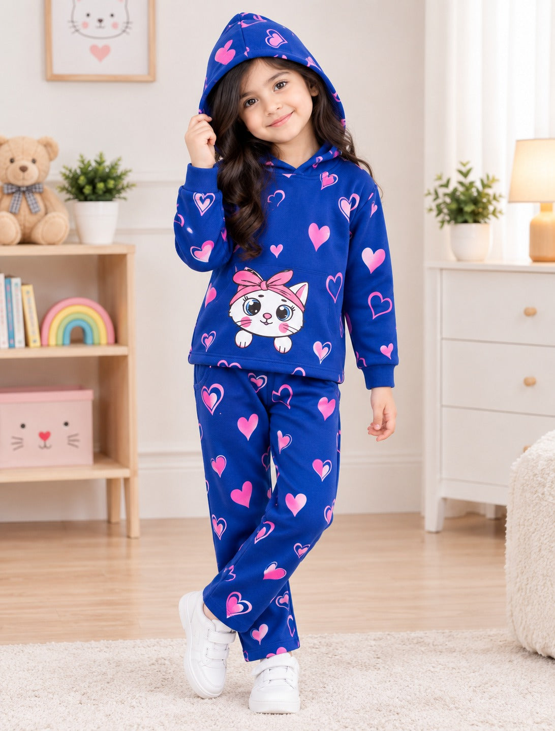 BLUE KITTY PRINTED WINTER KIDS HOODIE SUIT
