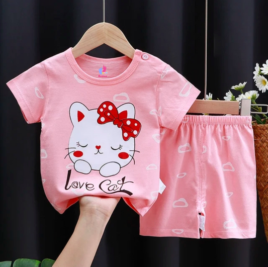 Love Cat Printed Short Sleeve Kids Wear