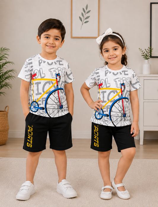 White Bicycle Printed Short Sleeve Kids Wear