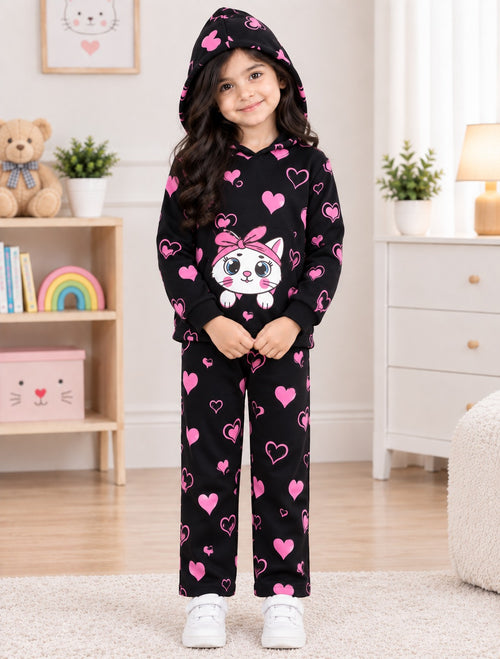 BLACK KITTY PRINTED WINTER KIDS HOODIE SUIT