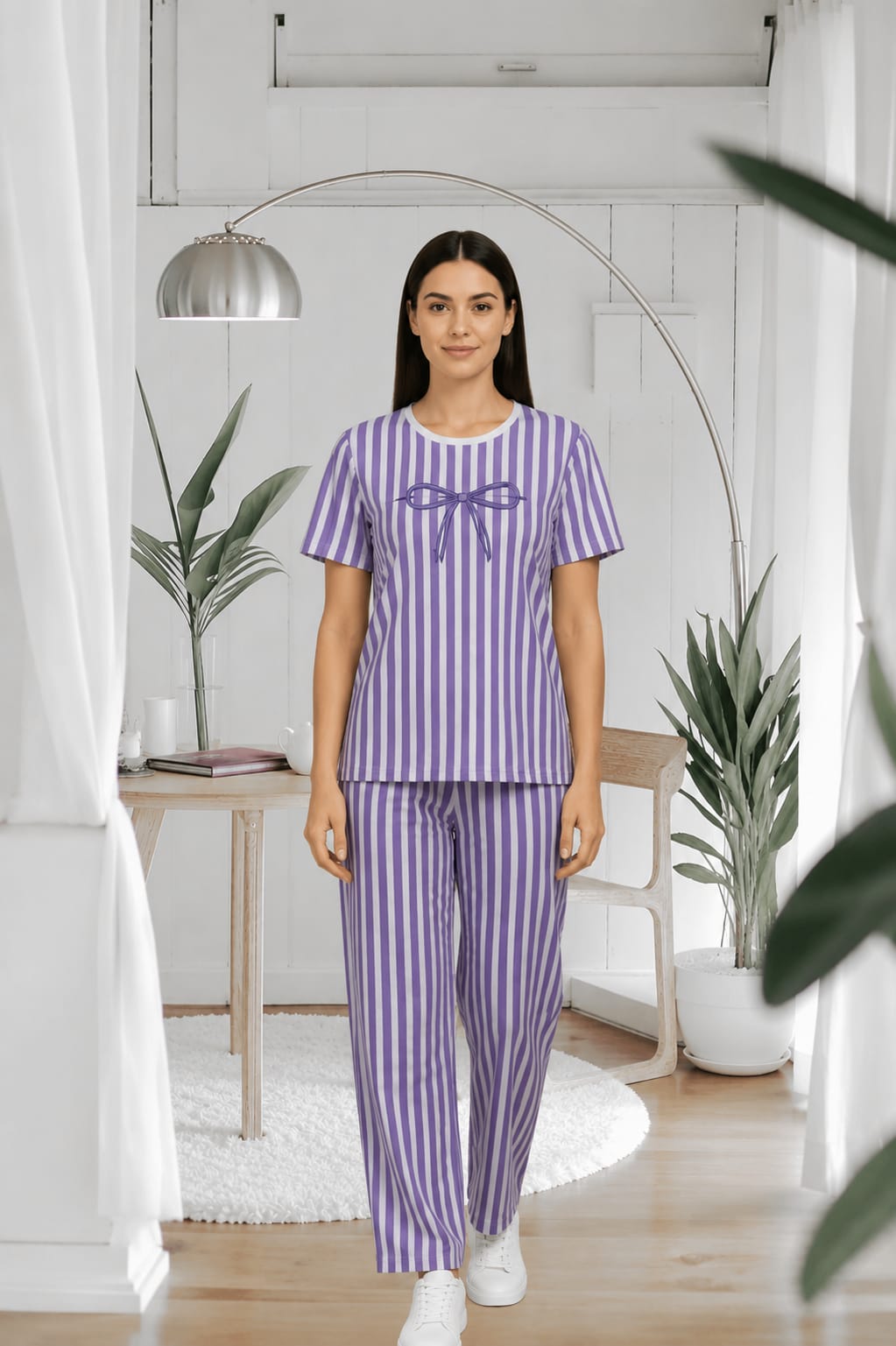 Purple Bow Lining Printed Women Pj Set
