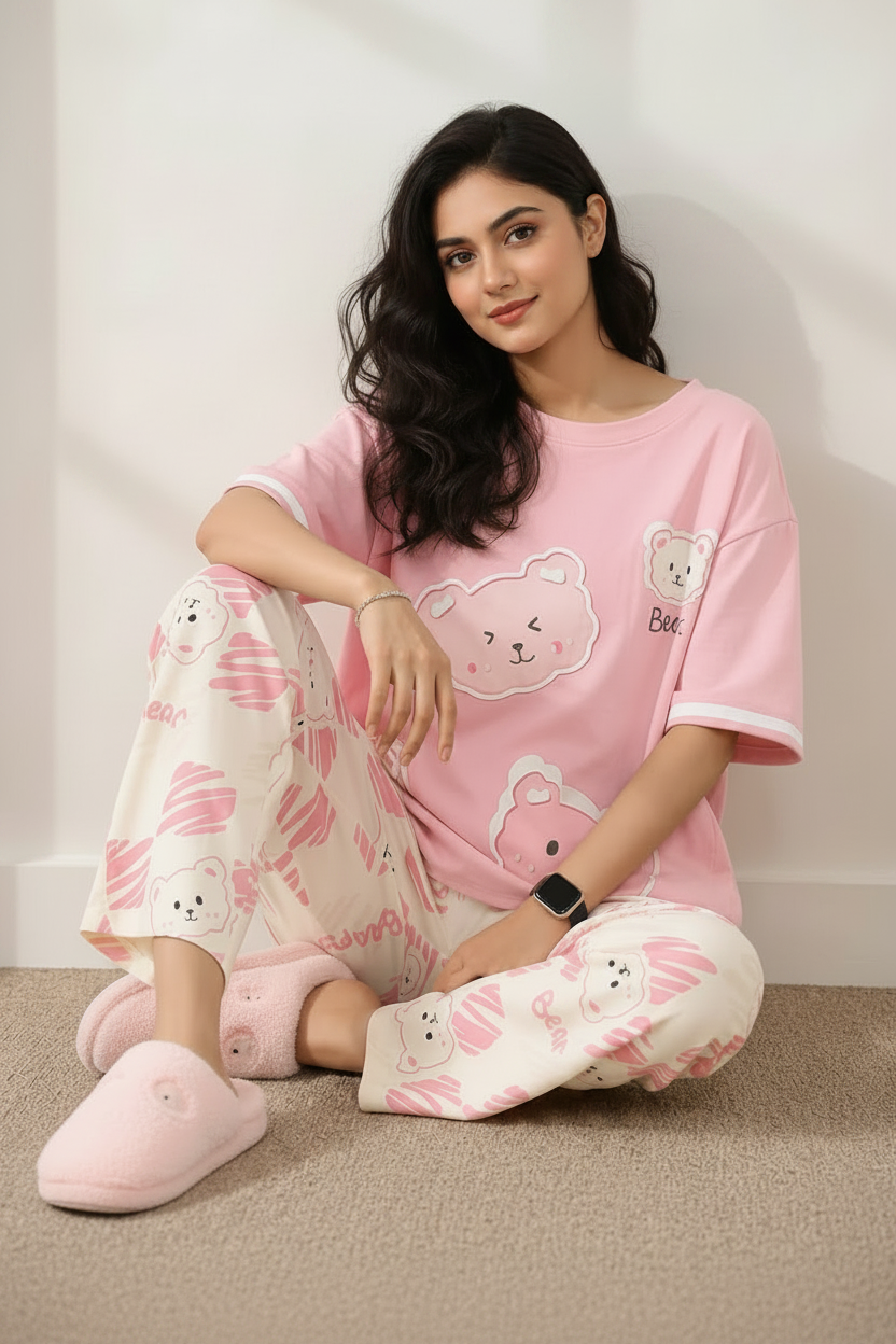 New Light Pink Bear Printed Women Pj Set