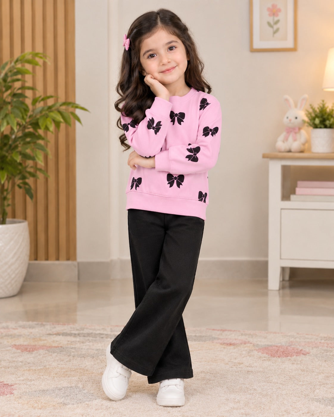PINK & BLACK BOW PRINTED WINTER KIDS SWEAT SUIT