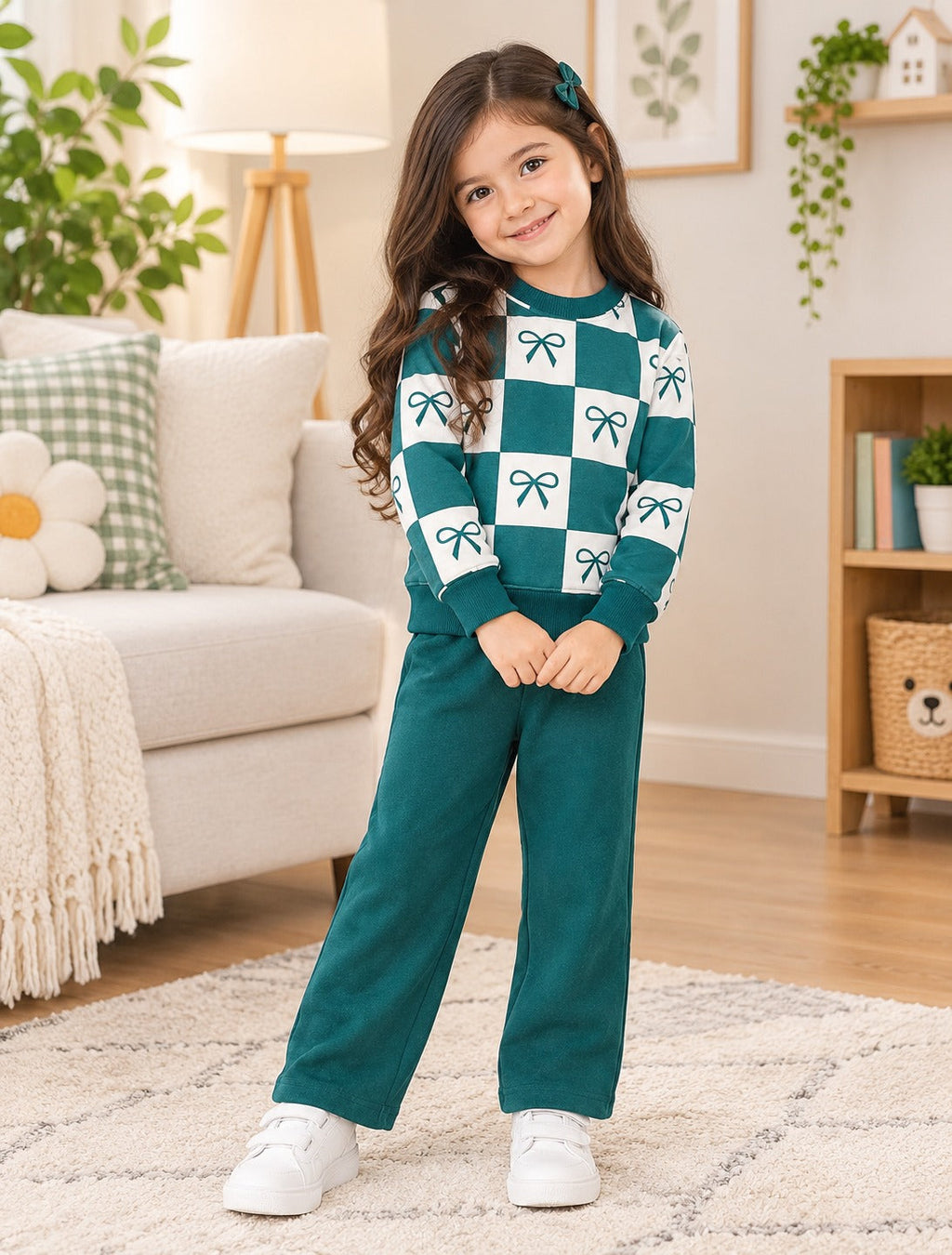GREEN & WHITE CHECK BOW PRINTED WINTER KIDS SWEAT SUIT