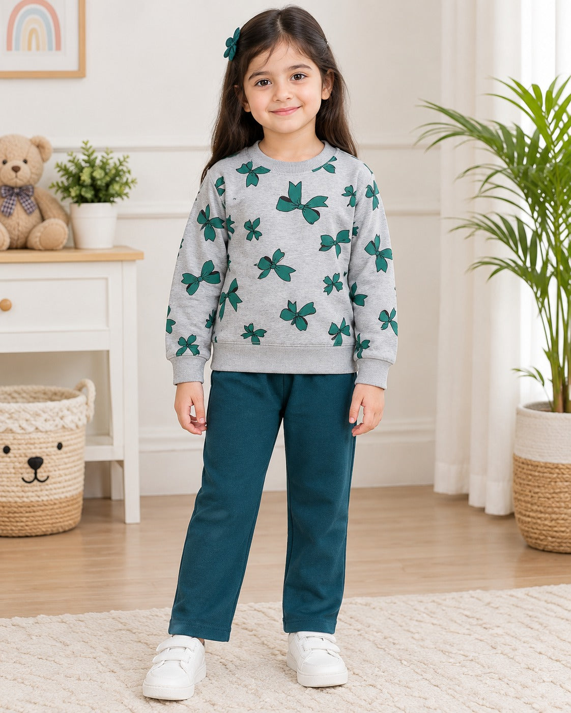 GREY & GREEN RIBBON PRINTED WINTER KIDS SWEAT SUIT