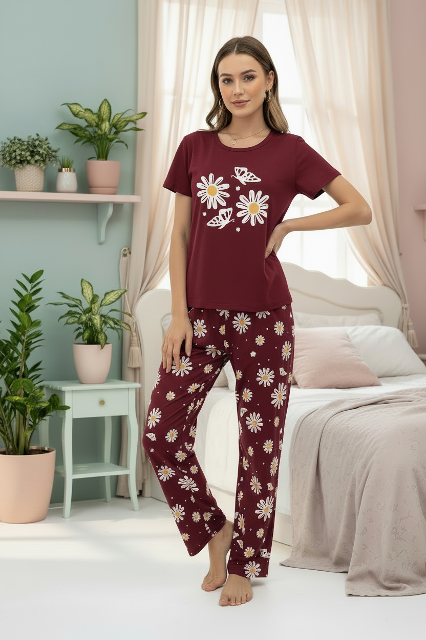 Maroon Sunflower Butterfly Printed Women Pj Set (Copy)