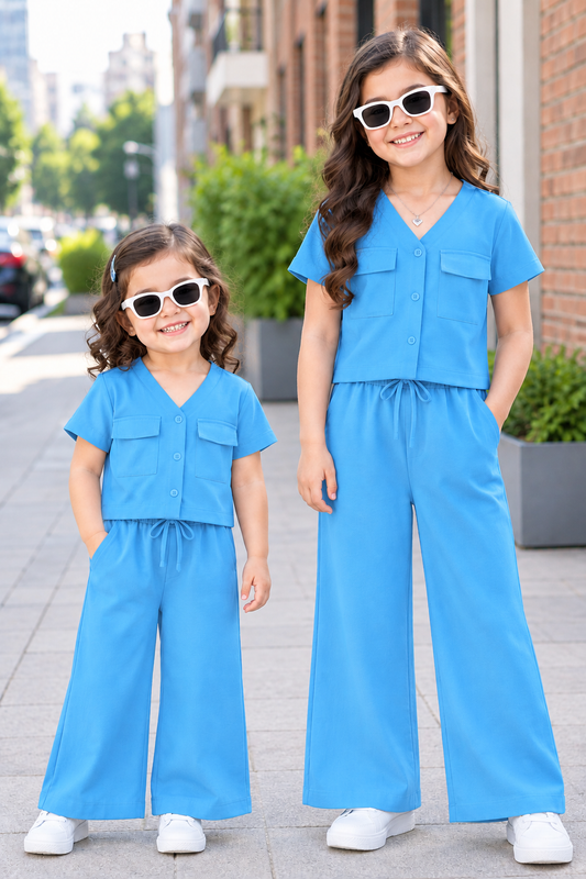 Sky Blue V Neck Button Style Kids Wear