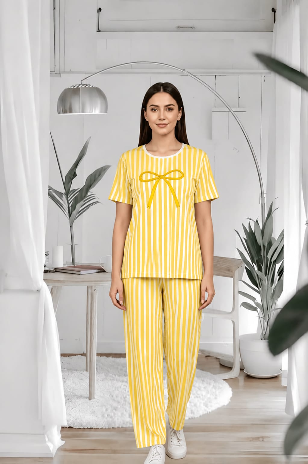 Yellow Bow Lining Printed Women Pj Set