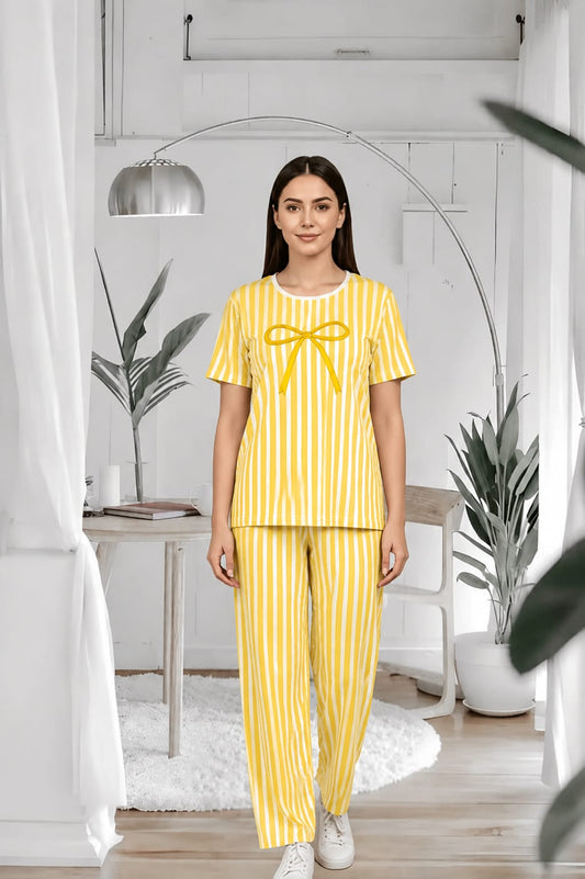 Yellow Bow Lining Printed Women Pj Set