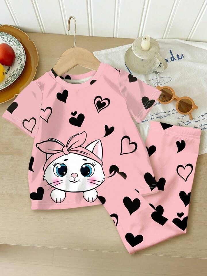Pink Kitty With Black Hearts Printed Kids Wear