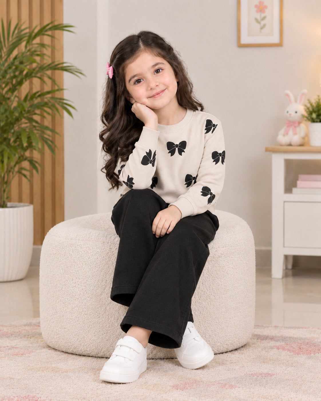 SKIN & BLACK BOW PRINTED WINTER KIDS SWEAT SUIT