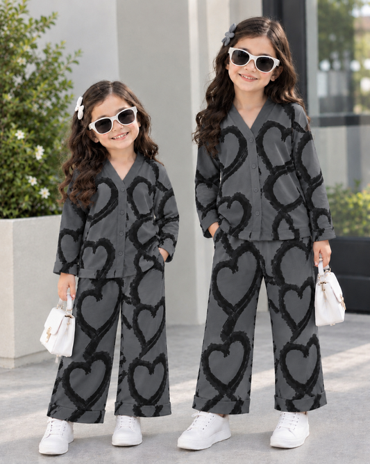 Grey & Black Heart Printed Kids Wear