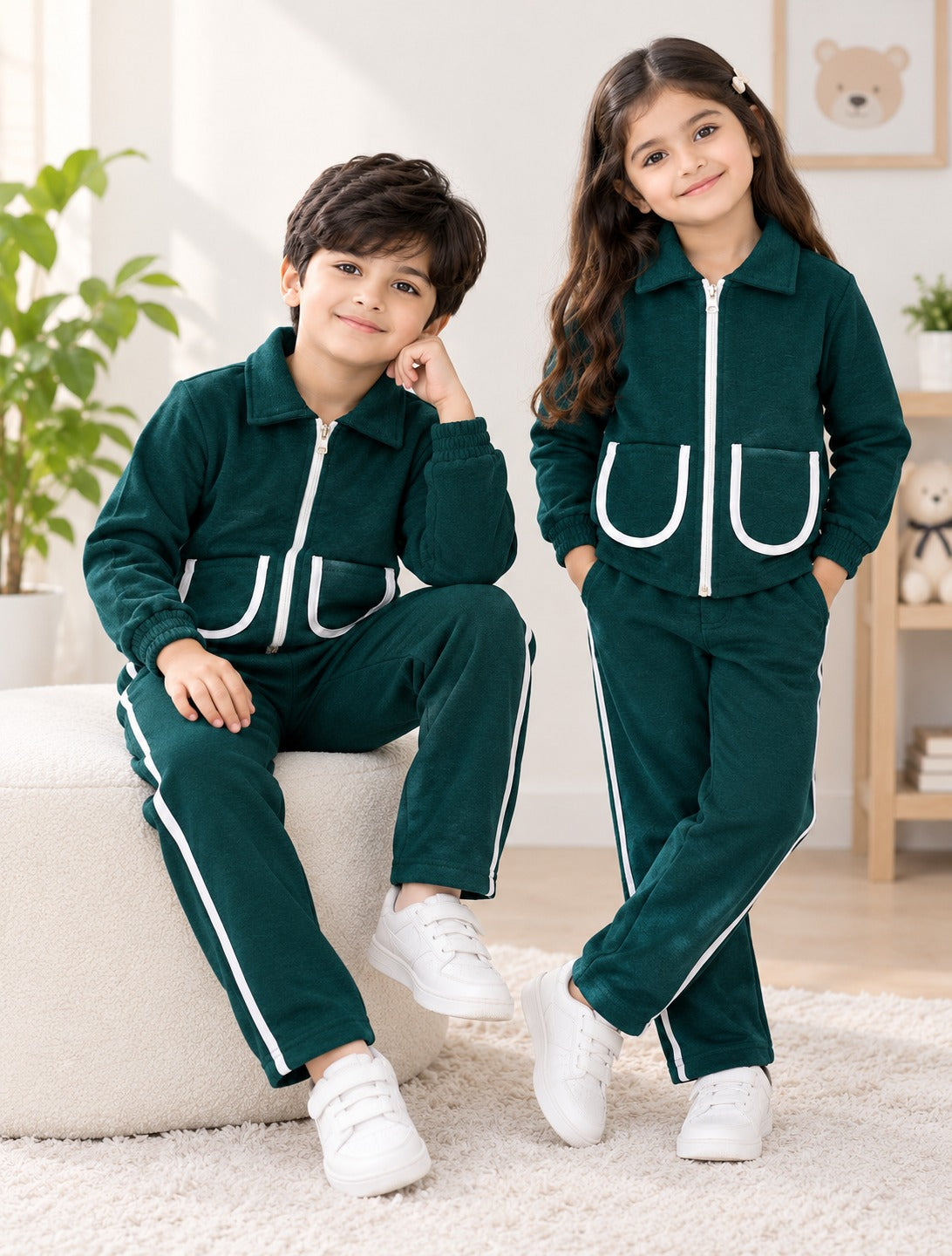 GREEN POCKET STRIPE WINTER KIDS SWEAT SUIT