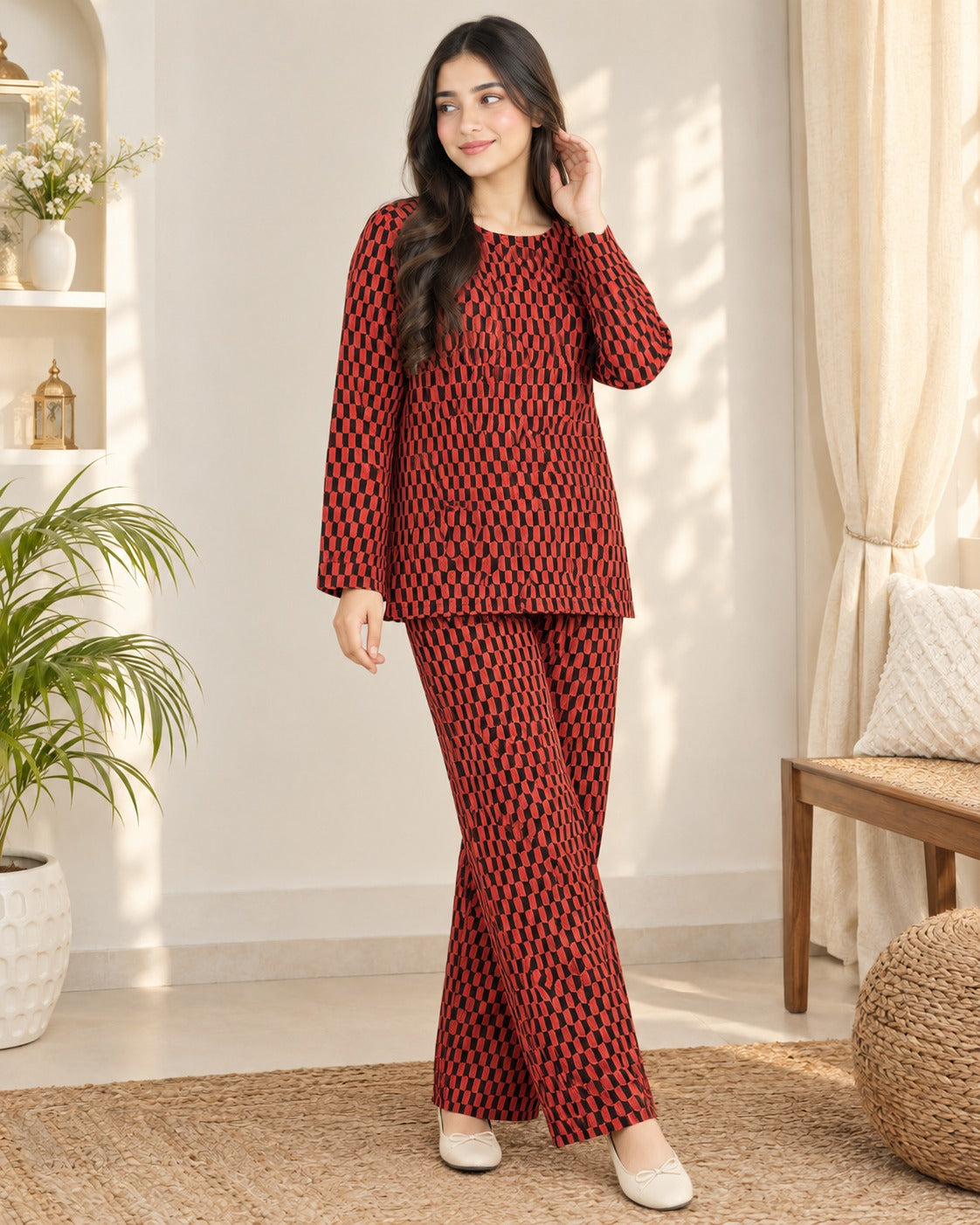 Brown Check Printed 2 Pcs Winter Outfit