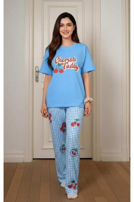 Blue Cherish Printed Women Pj Set