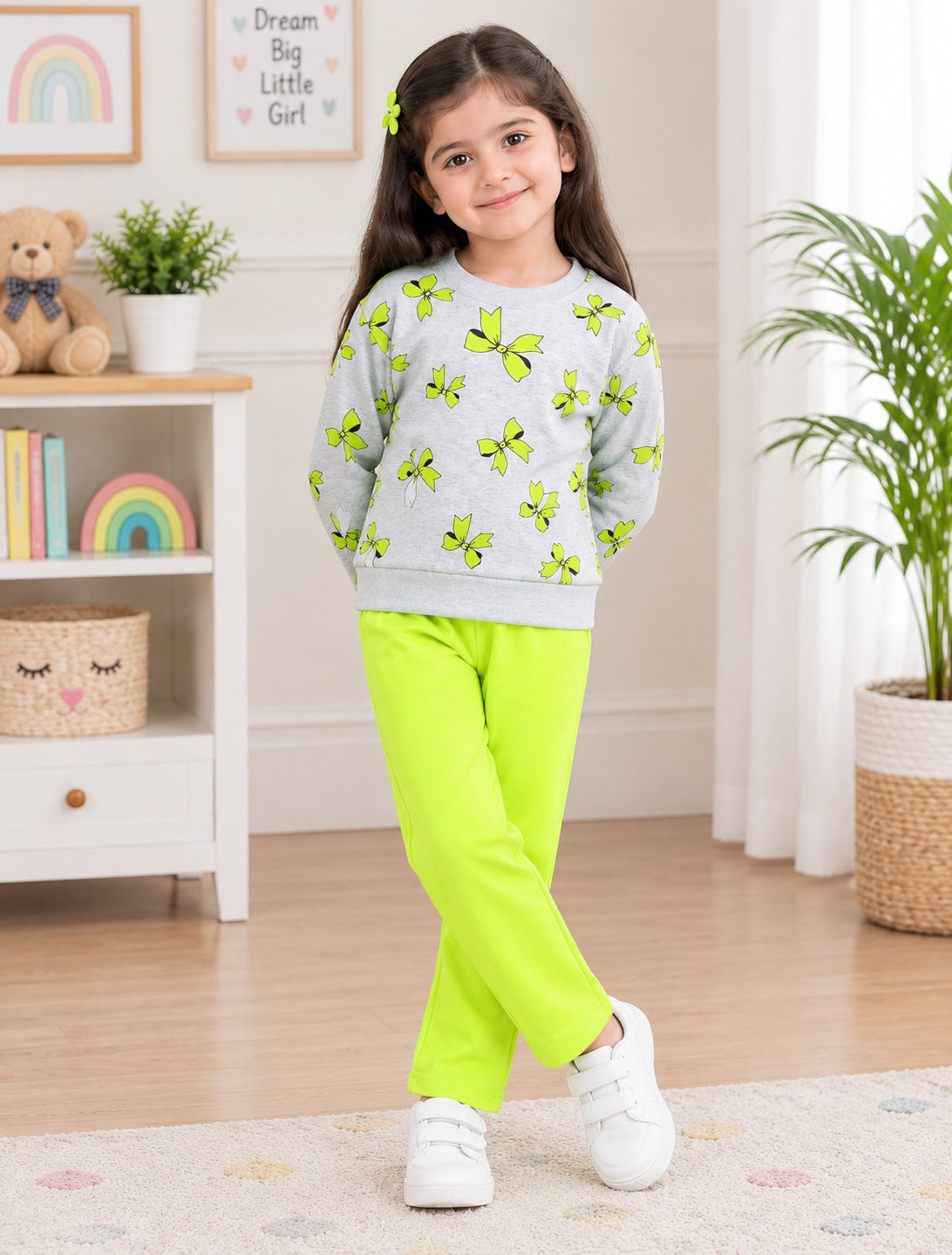 GREY & NEON RIBBON PRINTED WINTER KIDS SWEAT SUIT