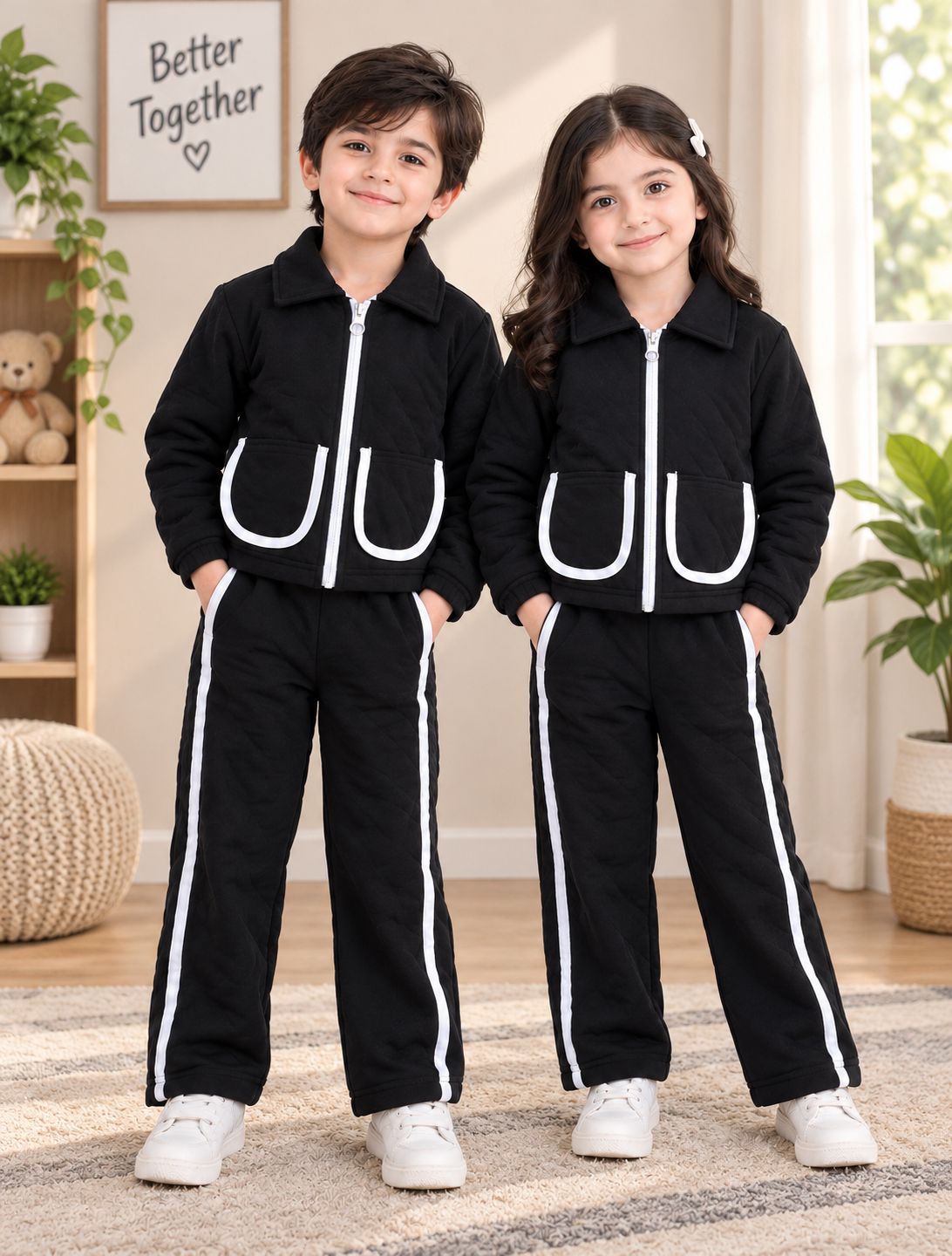 BLACK POCKET STRIPE WINTER KIDS SWEAT SUIT