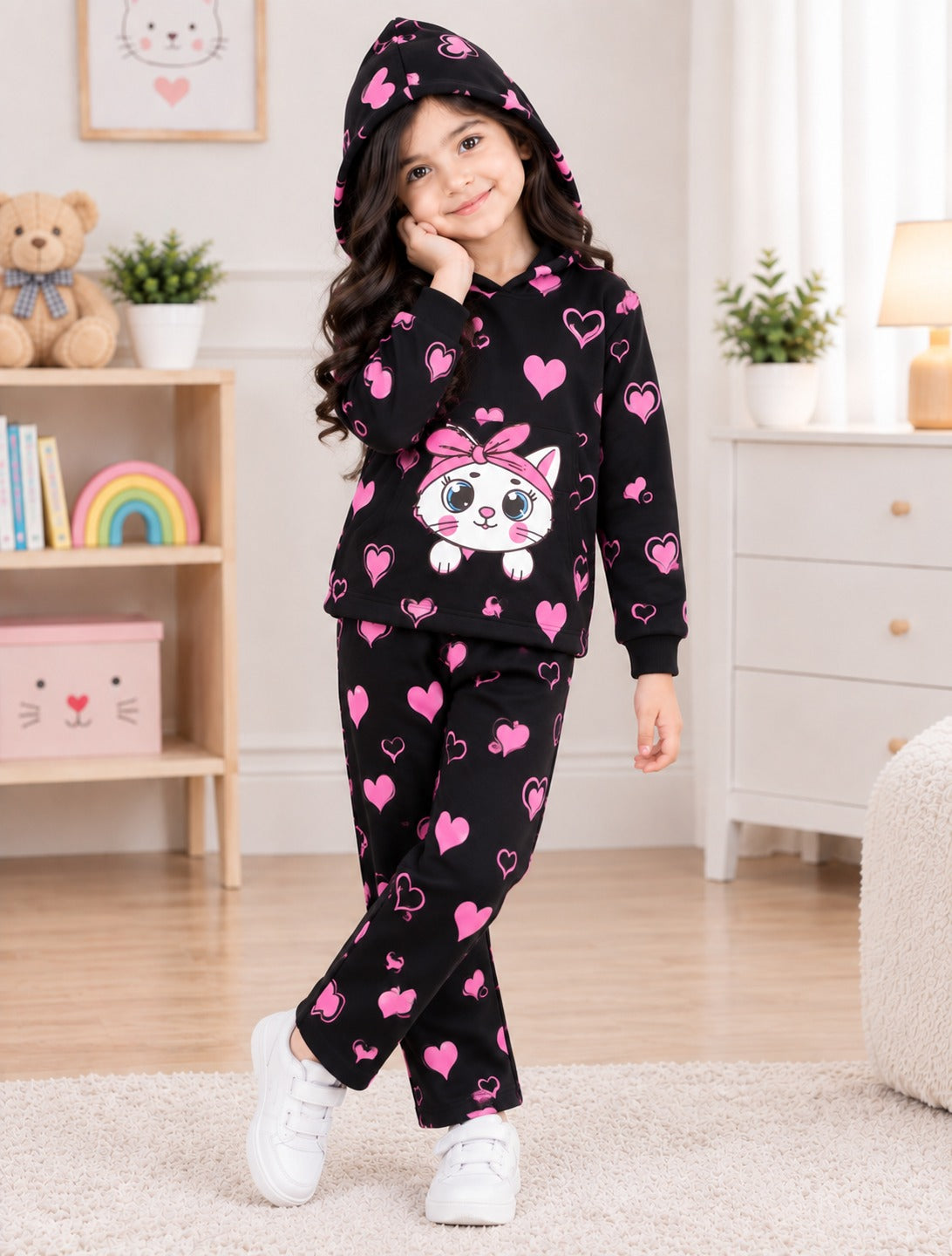 BLACK KITTY PRINTED WINTER KIDS HOODIE SUIT