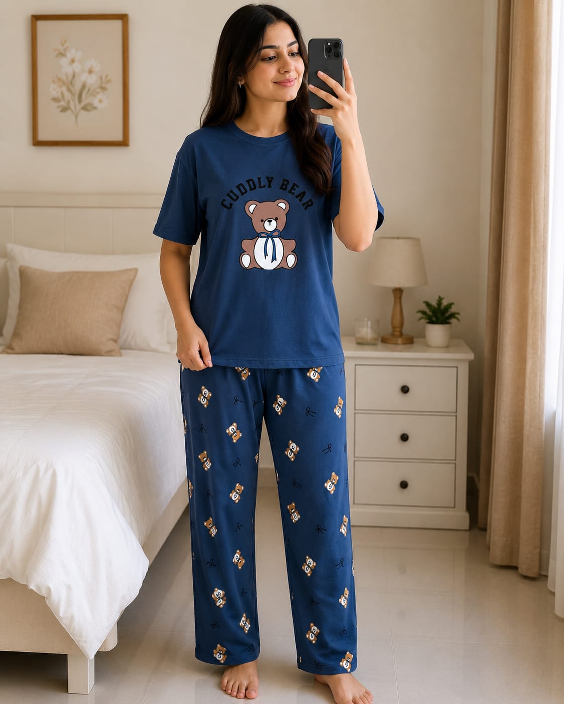 Blue Cuddly Bear Printed Women Pj Set