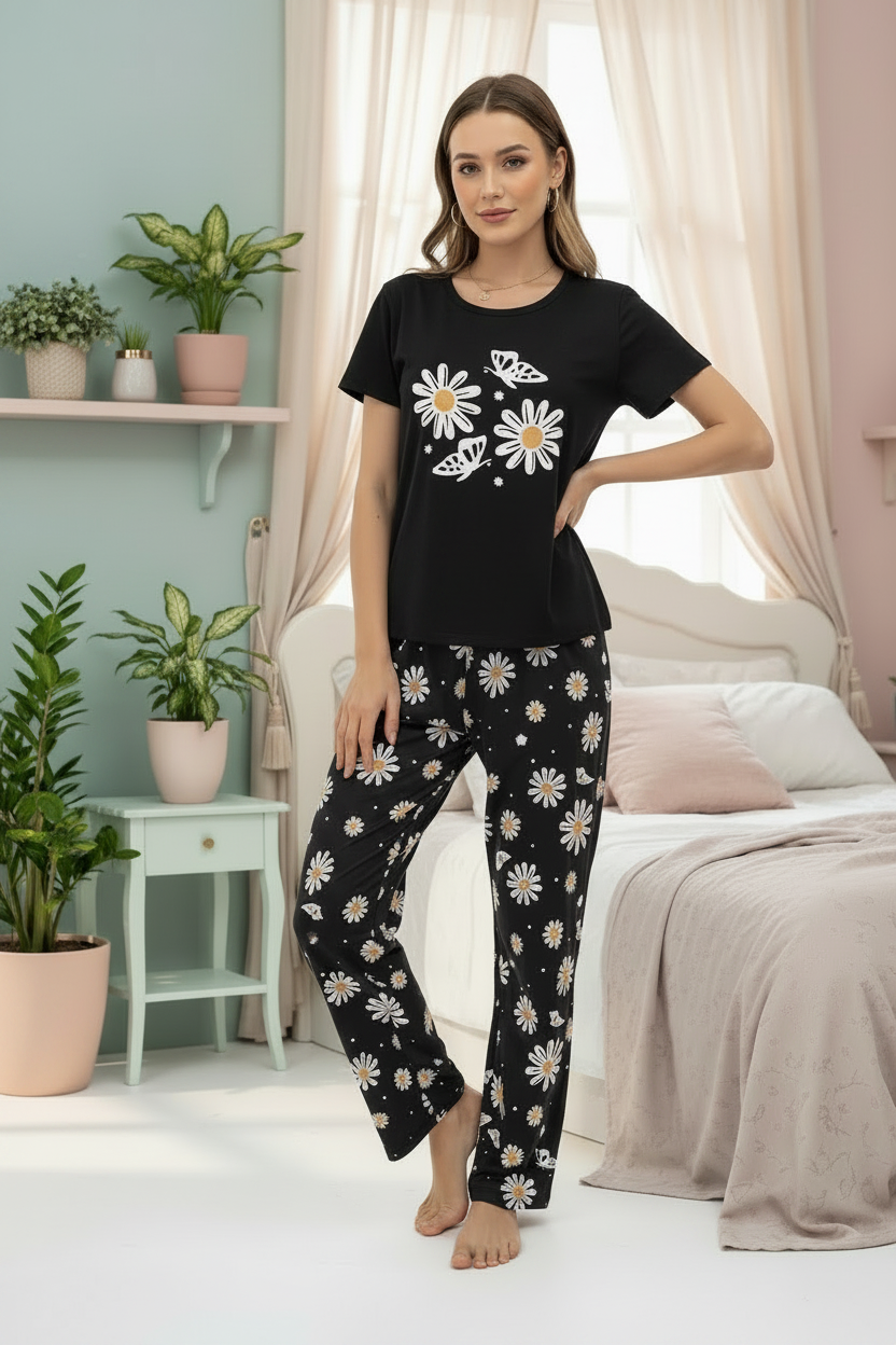 Black Sunflower Butterfly Printed Women Pj Set
