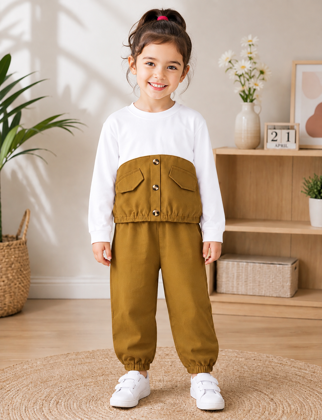 Brown & White Pocket Style Kids Wear