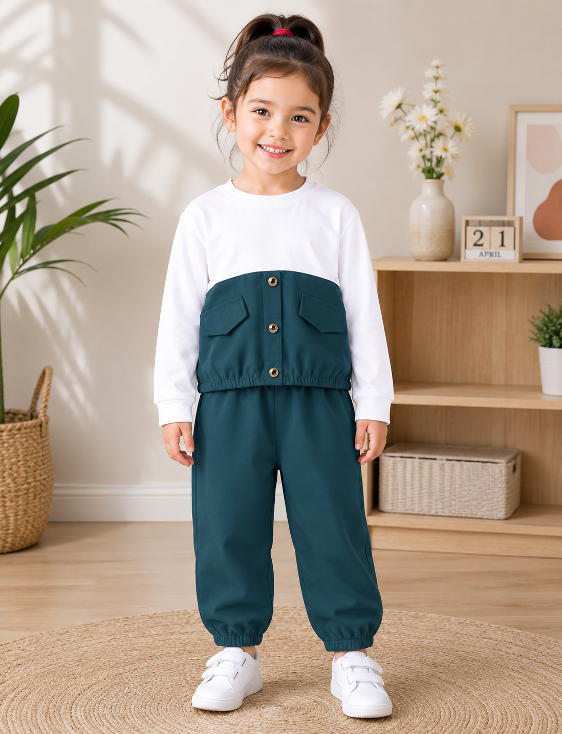 Green & White Pocket Style Kids Wear