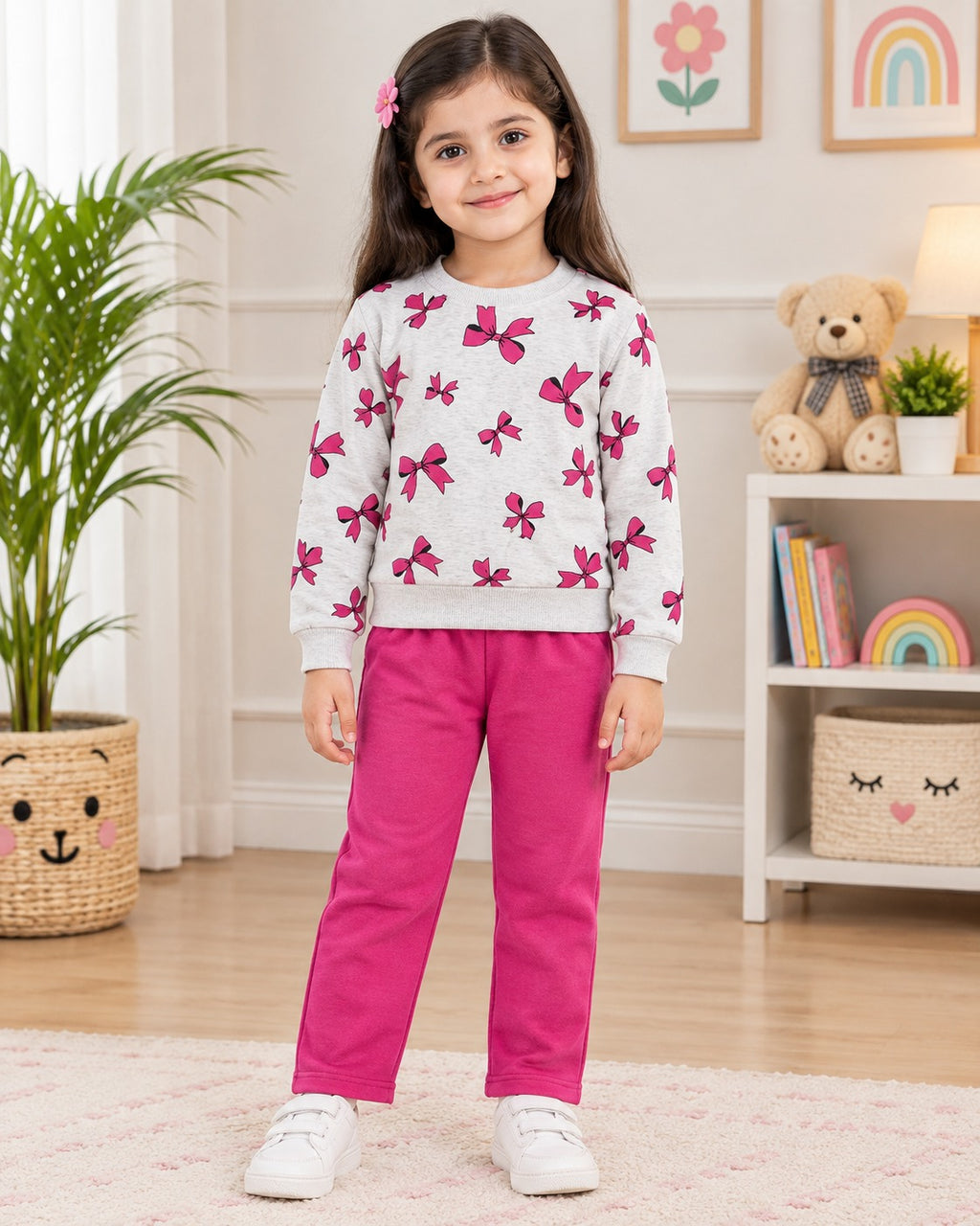 WHITE & PINK RIBBON PRINTED WINTER KIDS SWEAT SUIT