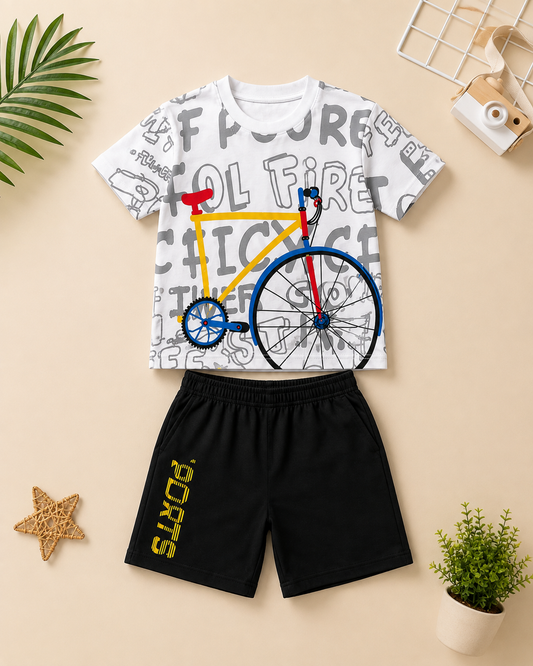 White Bicycle Printed Short Sleeve Kids Wear