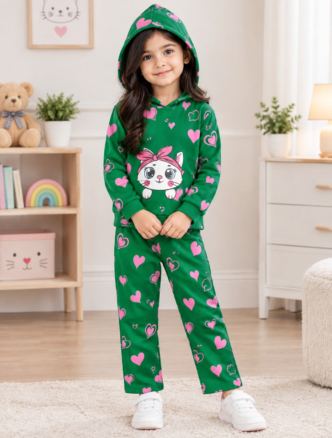 GREEN KITTY PRINTED WINTER KIDS HOODIE SUIT
