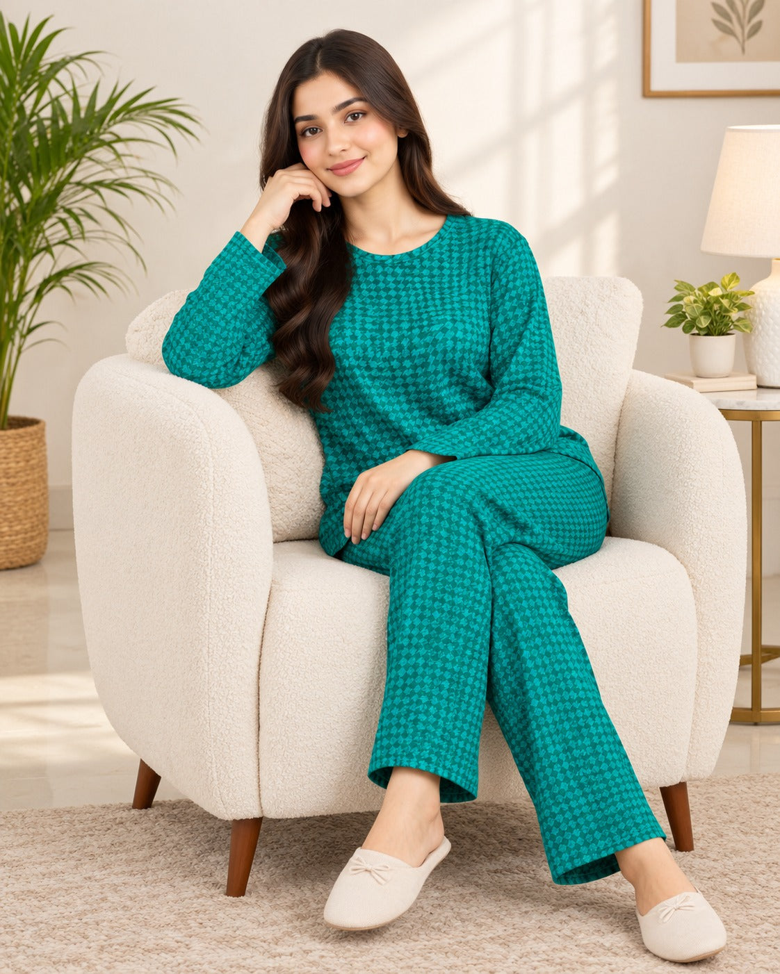 Green Check Printed 2 Pcs Winter Outfit