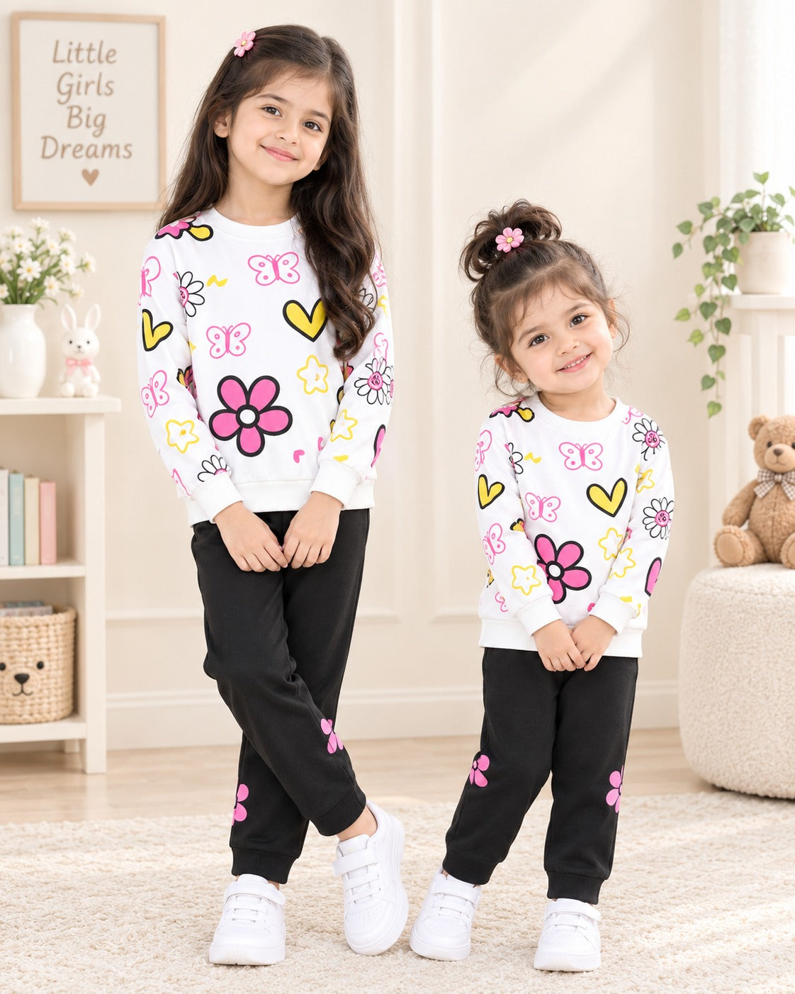 WHITE HEART & FLOWER PRINTED WINTER KIDS SWEAT SUIT