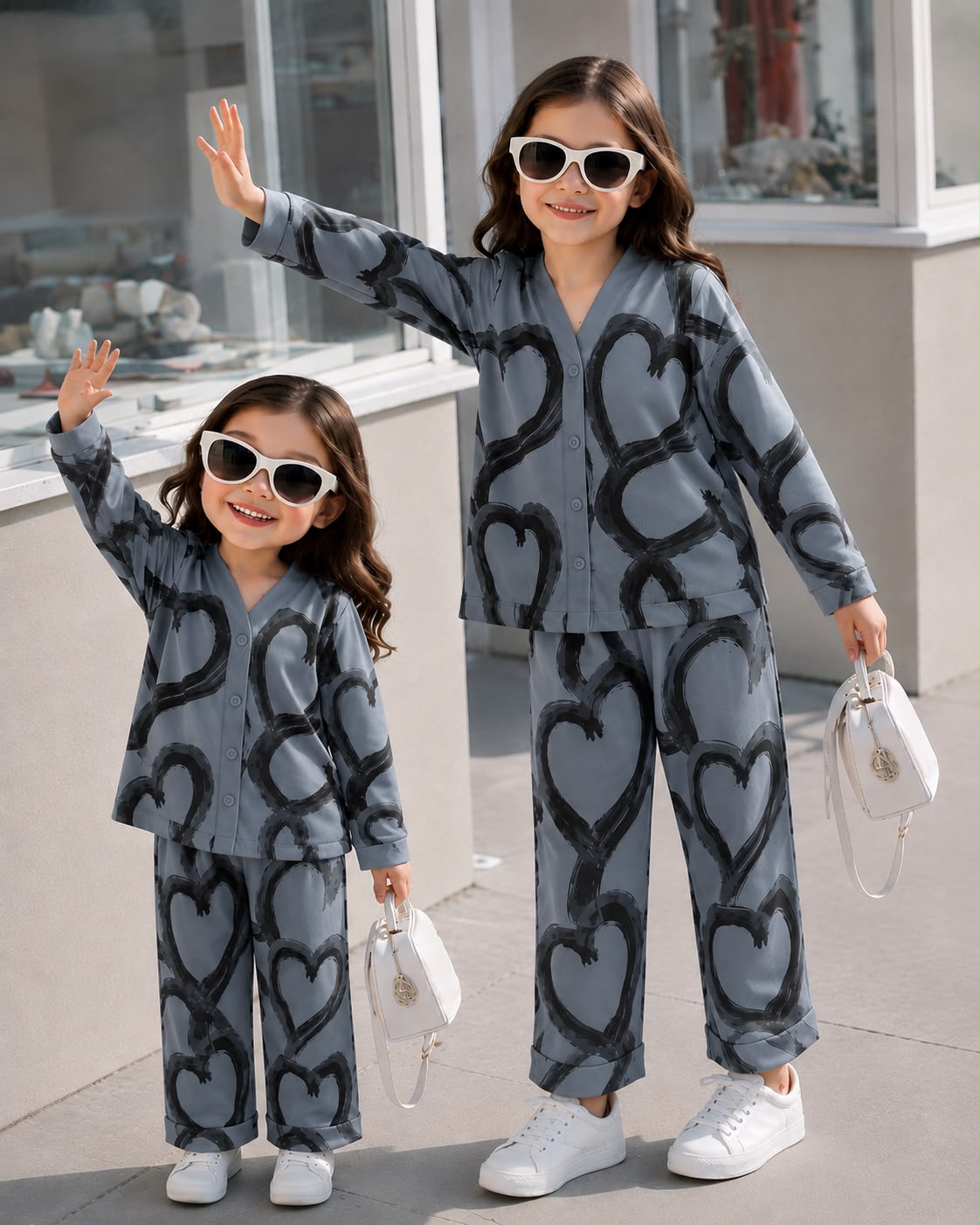Grey & Black Heart Printed Kids Wear