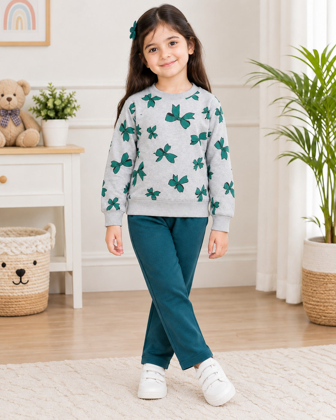 GREY & GREEN RIBBON PRINTED WINTER KIDS SWEAT SUIT