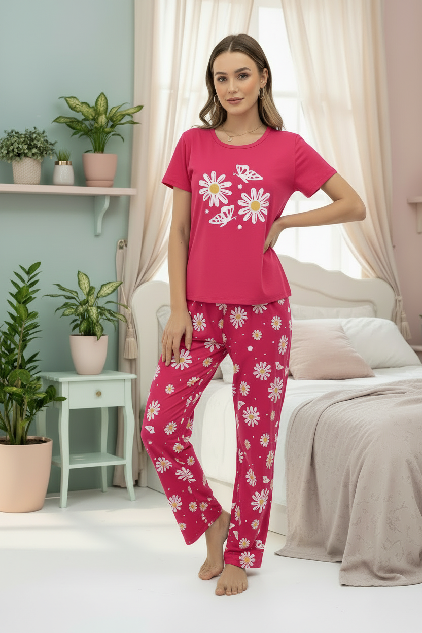 Pink Sunflower Butterfly Printed Women Pj Set (Copy)