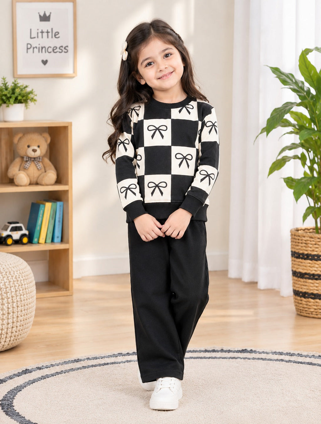 BLACK & WHITE CHECK BOW PRINTED WINTER KIDS SWEAT SUIT