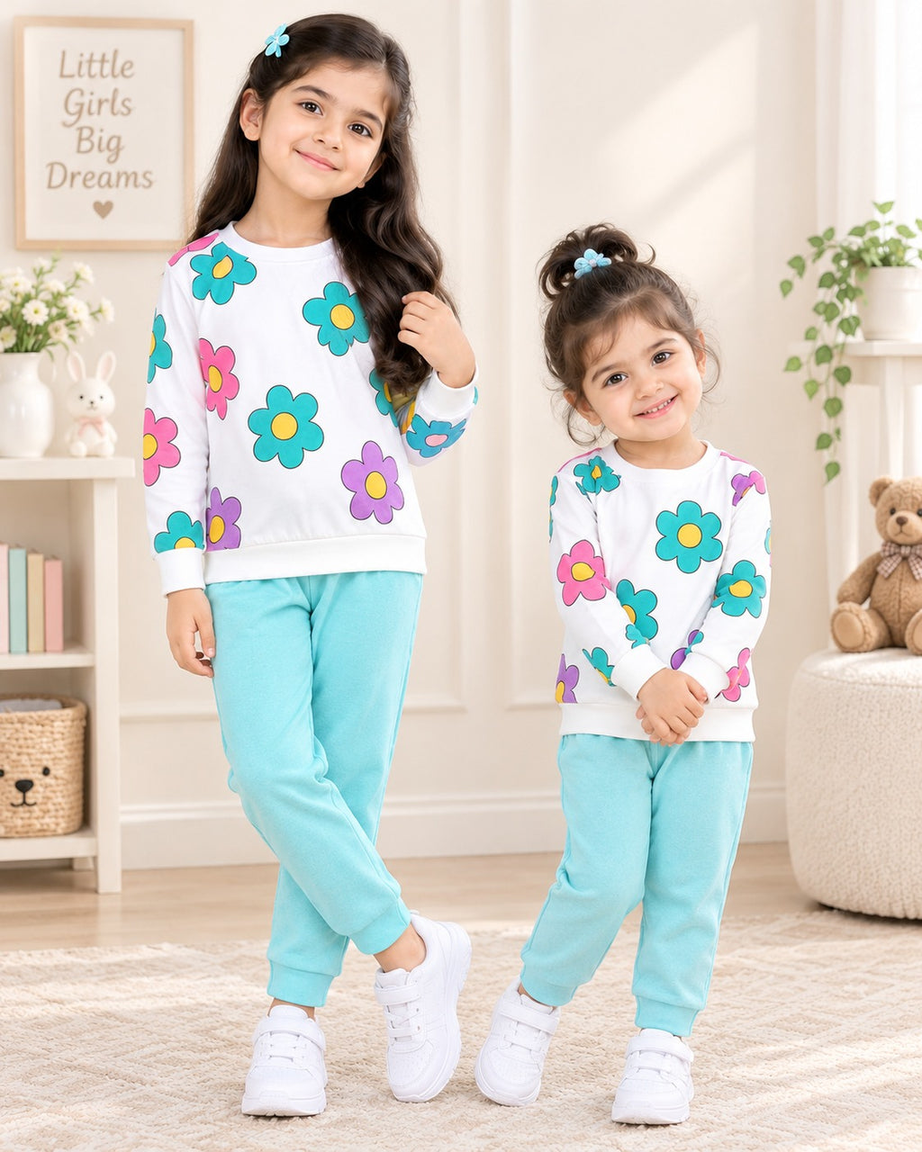 WHITE & SEA GREEN FLORAL FLOWER PRINTED WINTER KIDS SWEAT SUIT