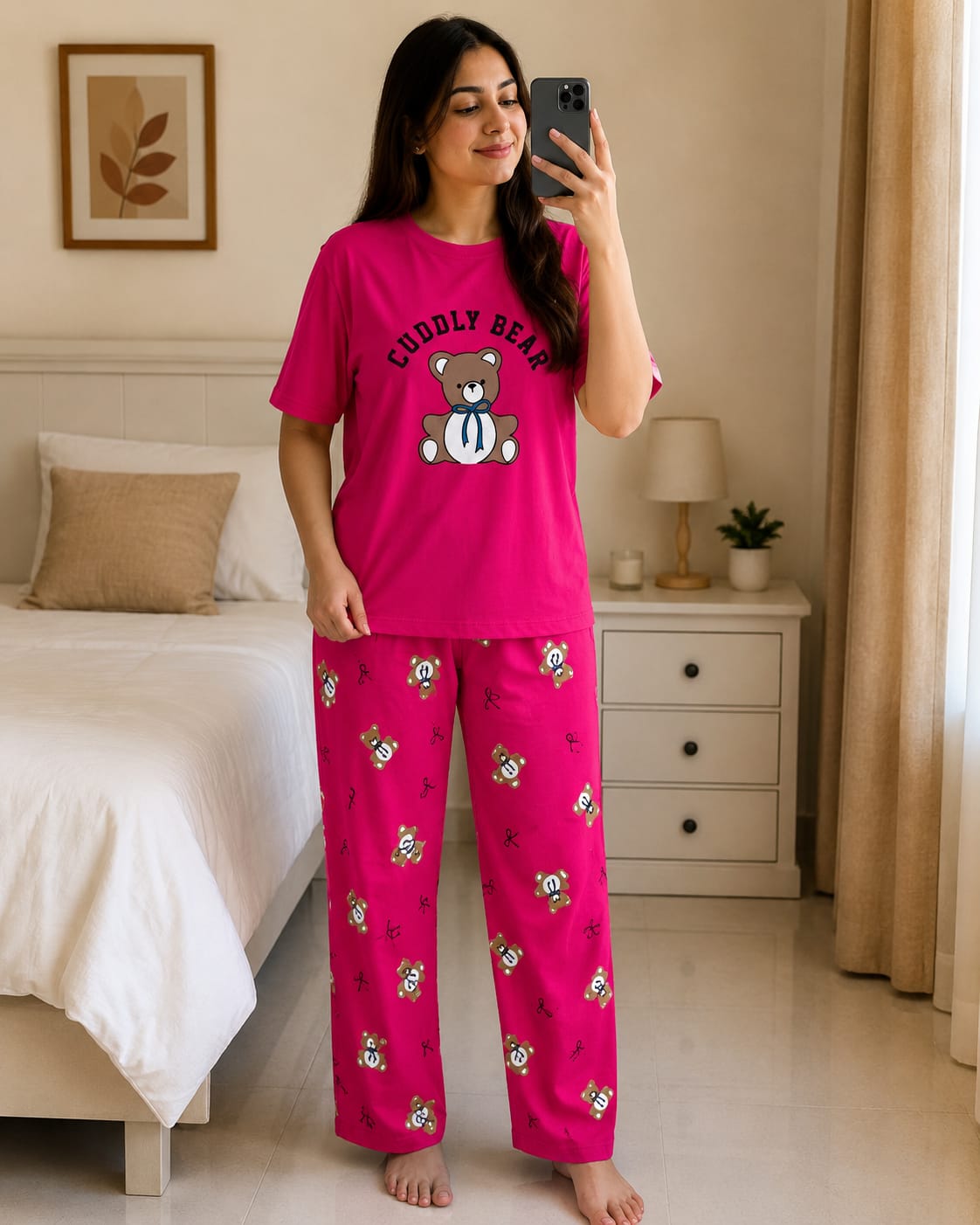 Pink Cuddly Bear Printed Women Pj Set