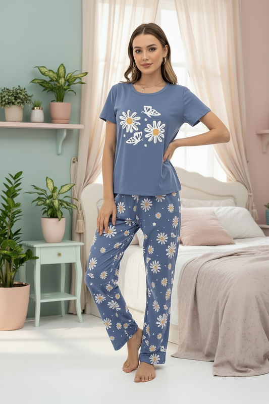 Blue Butterfly Sunflower Printed Women Pj Set