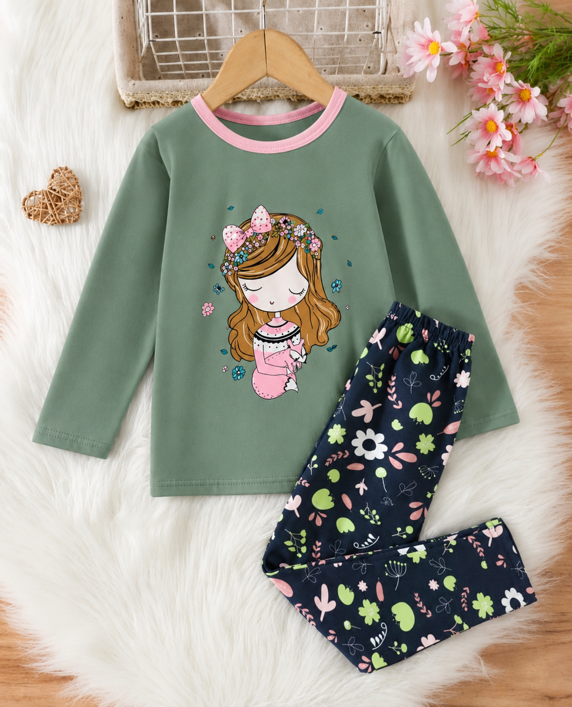 Green Sleepy Princess Printed Kids Wear