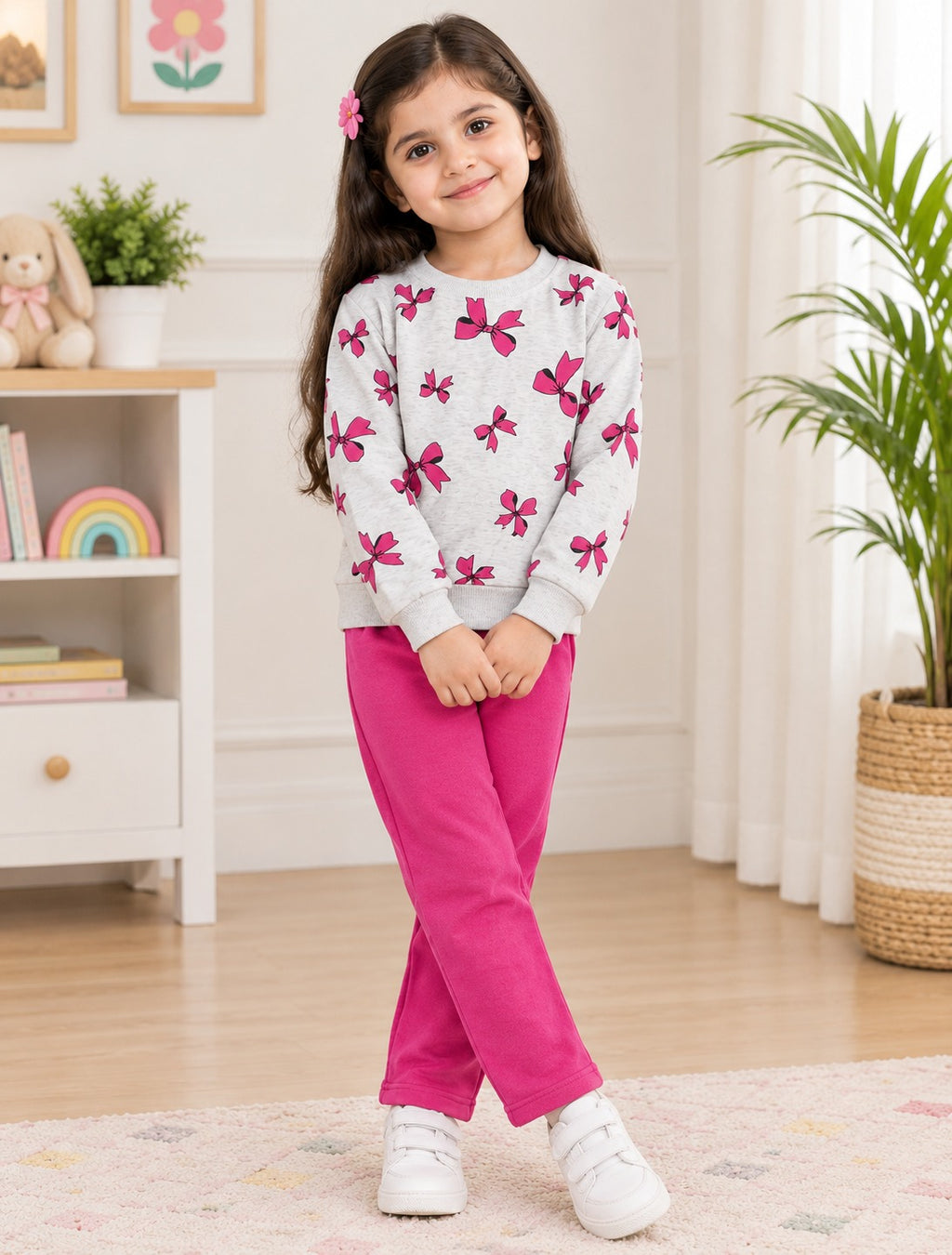 WHITE & PINK RIBBON PRINTED WINTER KIDS SWEAT SUIT
