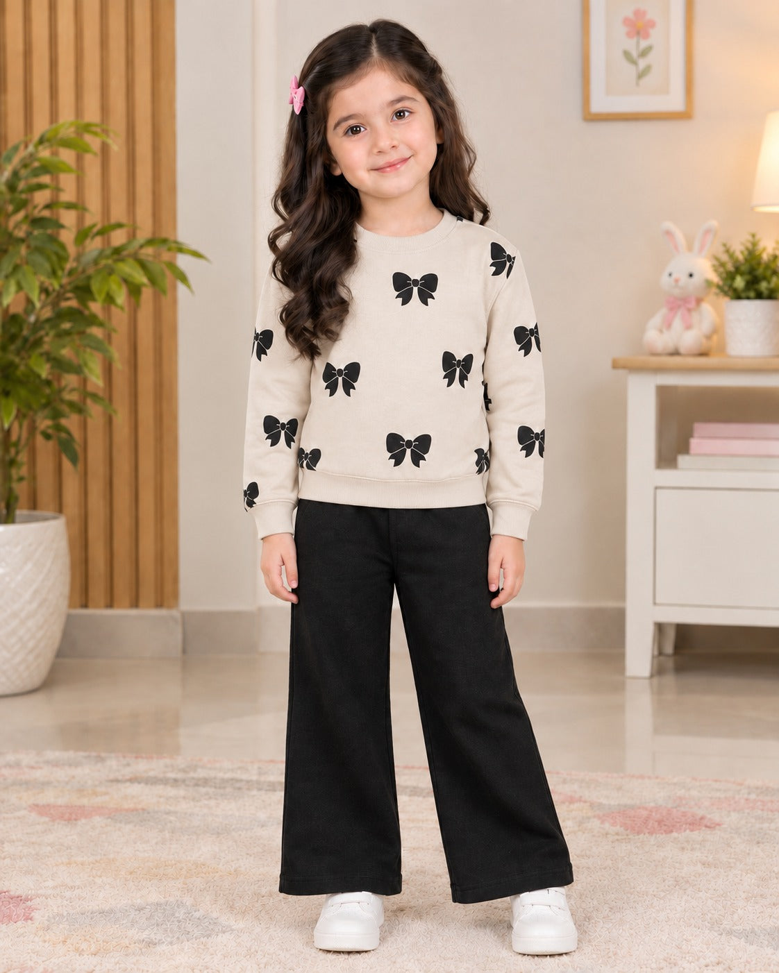 SKIN & BLACK BOW PRINTED WINTER KIDS SWEAT SUIT