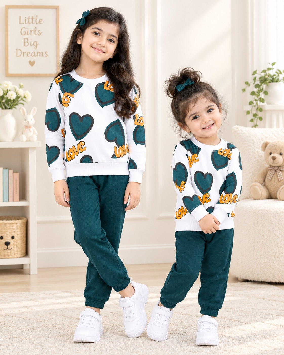 GREEN & WHITE LOVE PRINTED WINTER KIDS SWEAT SUIT