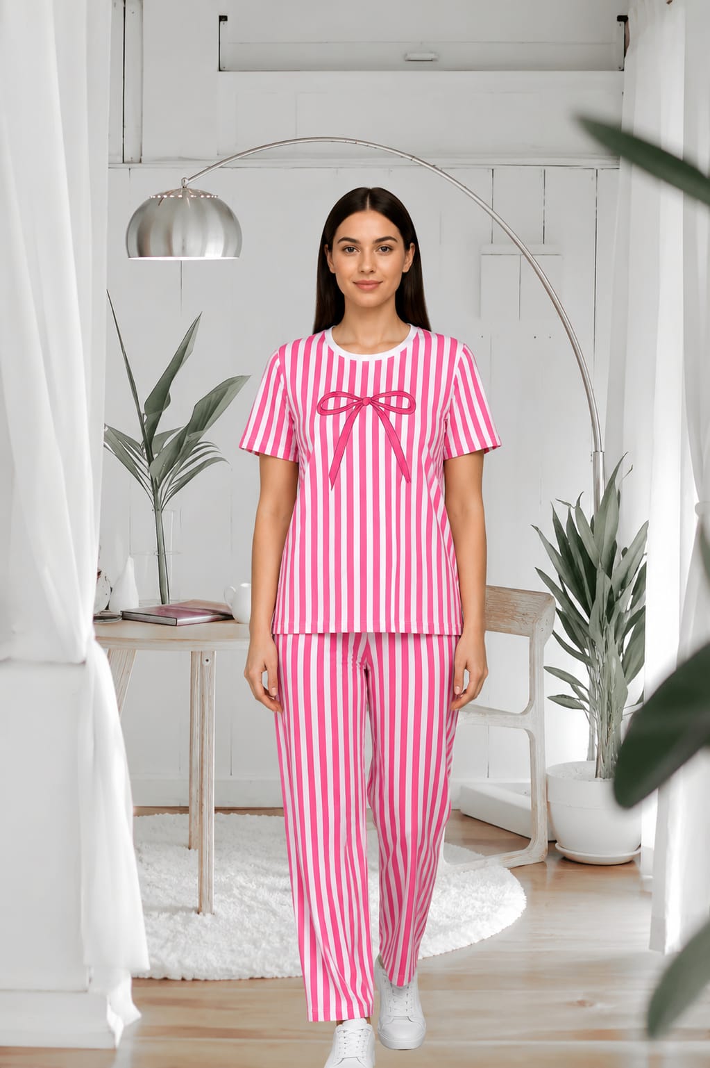 Pink Bow Lining Printed Women Pj Set