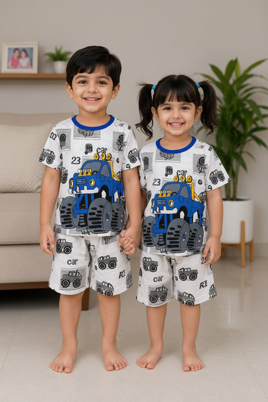 White & Blue Car Printed Short Sleeve Kids Wear