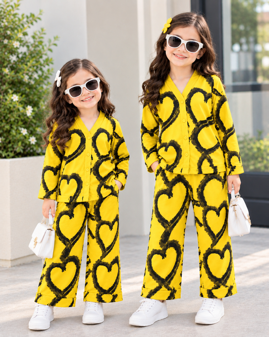 Yellow & Black Heart Printed Kids Wear