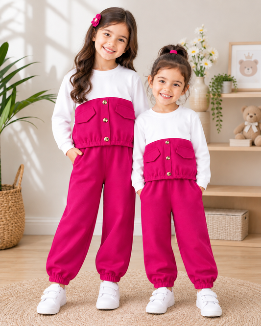 Pink & White Pocket Style Kids Wear