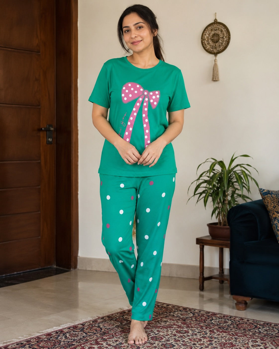 Green Bow Dot Printed Women Pj Set