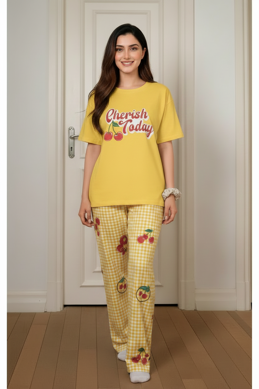 Yellow Cherish Printed Women Pj Set